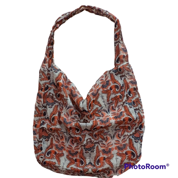 Free People Boho Tote Bag Large Orange Flower Leaf Print Shoppers 19 x 16 x 5 - Picture 11 of 14